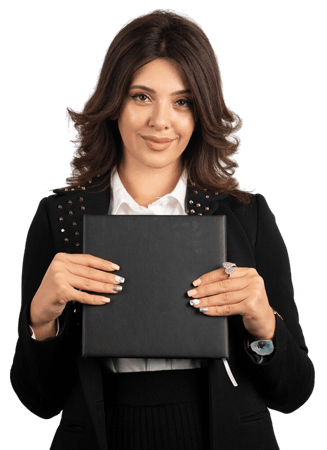 Confident businesswoman holding a black portfolio folder, representing professional financial expertise and strategic transaction support through M&A Advisory California services.