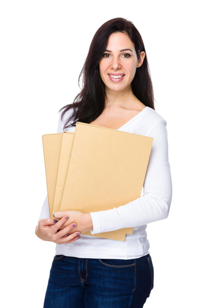 Professional businesswoman holding file folders and smiling confidently, representing trusted financial consulting and strategic services for M&A Advisory Chicago.