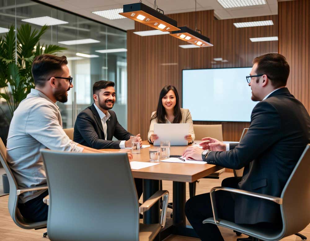 Business professionals meeting in a modern conference room discussing strategy and reviewing documents, representing expert financial planning and transaction support through M&A Advisory Florida services.