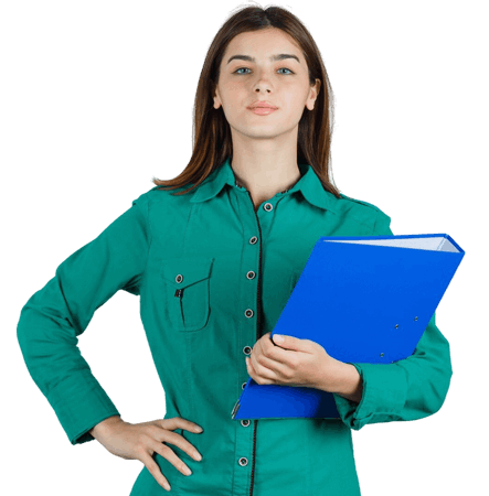 Confident businesswoman holding a blue folder and standing with hand on hip, representing professional financial expertise and strategic transaction services through M&A Advisory Florida.