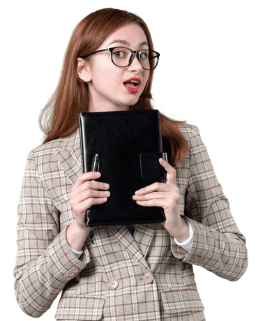 Professional businesswoman holding a black portfolio and pen, representing organized financial expertise and strategic transaction services through M&A Advisory Maryland.