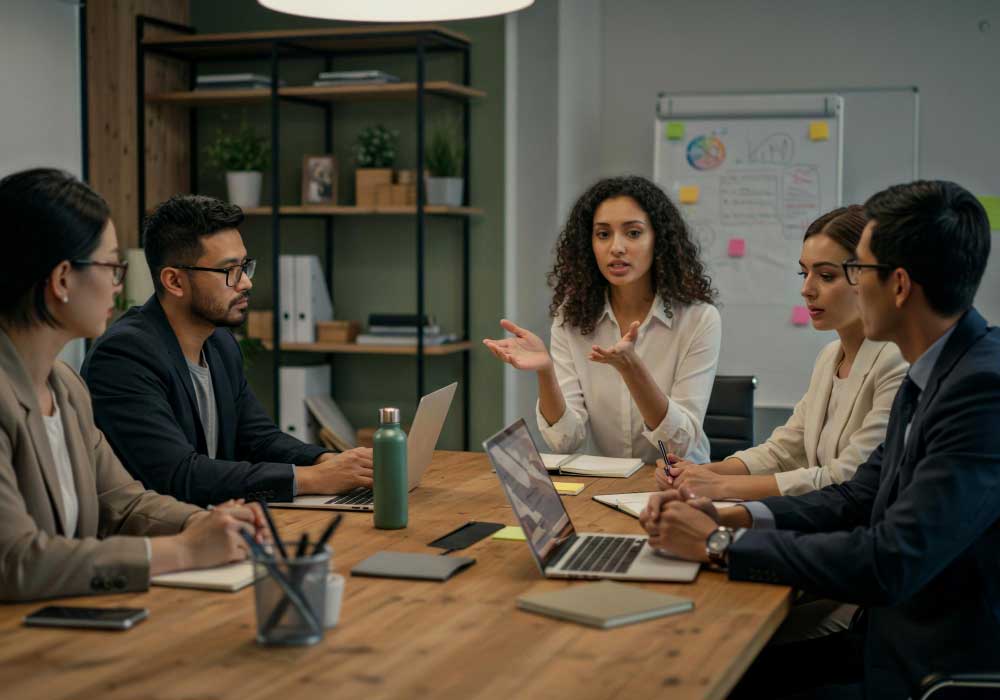Business team collaborating around a conference table with laptops and documents, discussing strategy and financial planning with professional guidance from M&A Advisory New Jersey services.