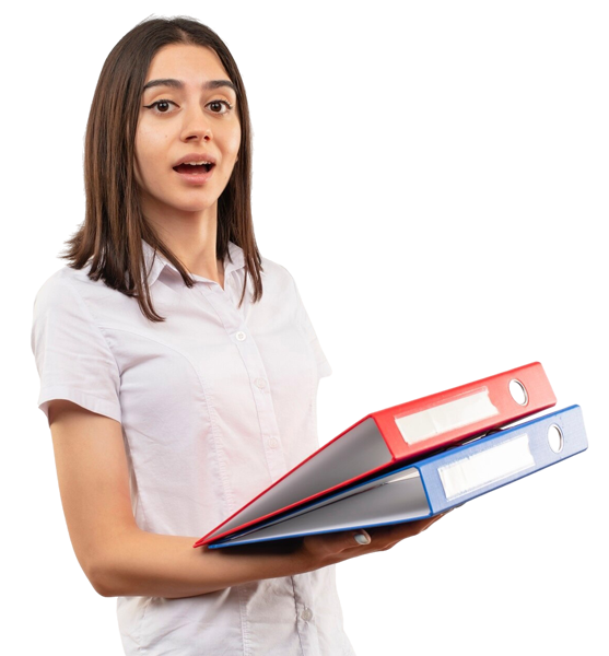 Professional businesswoman holding red and blue binders, representing organized financial documentation and expert consulting services for M&A Advisory New York.